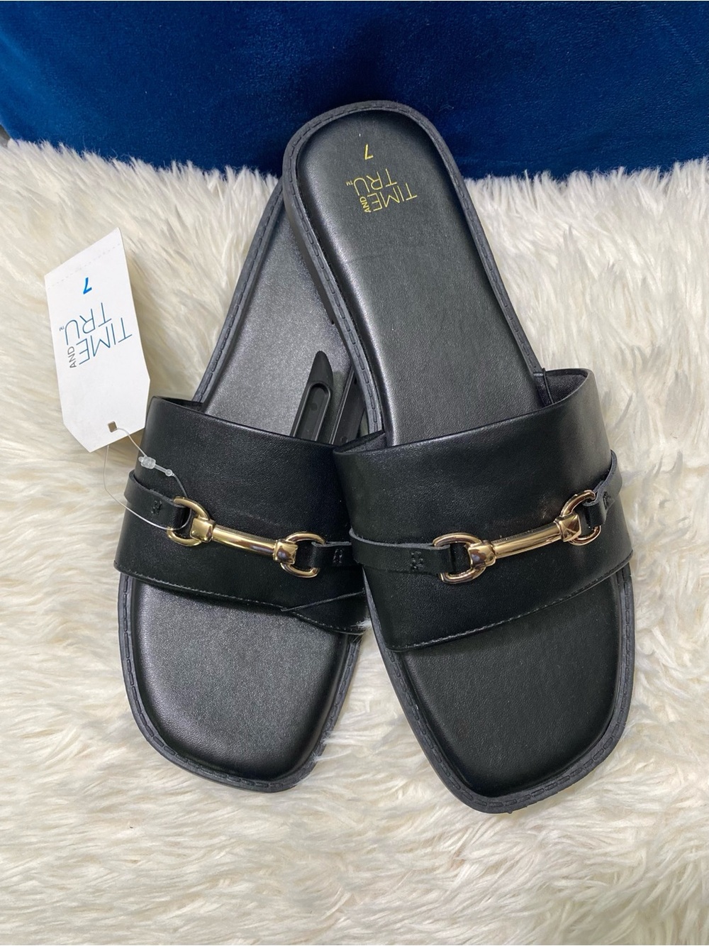 TIME AND TRU Black Slide Sandals with Gold Accent